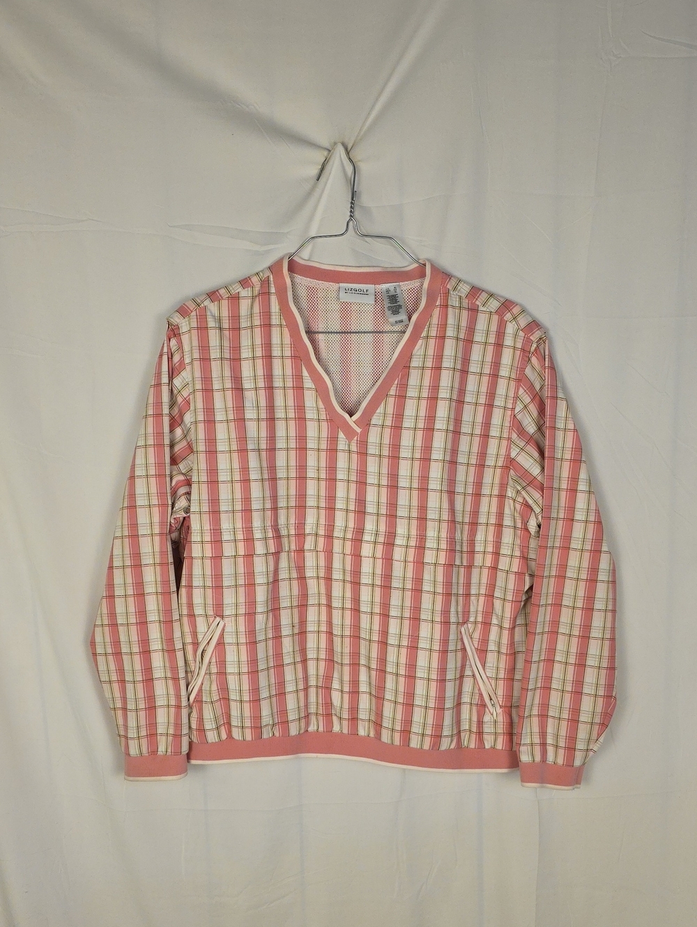 Liz Claiborne Pink and Cream Golf Plaid V-Neck Sweater
